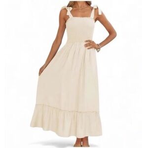 Cream Tie-Shoulder Smocked Maxi Dress